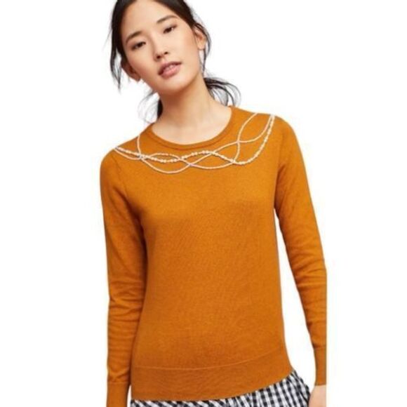 Anthropologie Violet & Claire Pearl Embellished‎ Rust Long Sleeve Sweater L - Picture 1 of 5
